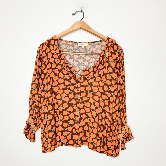 Studio B By Bobeau Orange Floral Print Boxy 3/4 Sleeve Blouse Small S - Picture 2 of 6